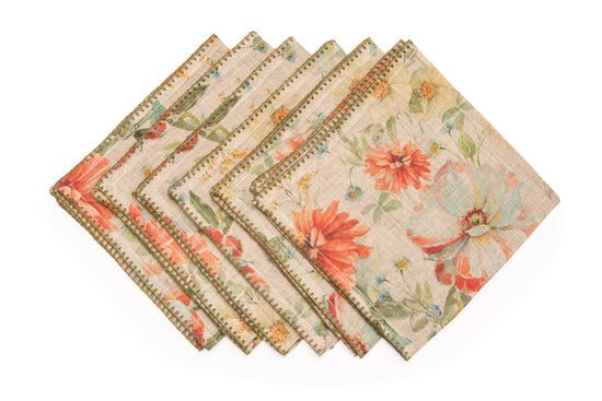 Olive floral printed linen dinner napkins with delicate embroidery.