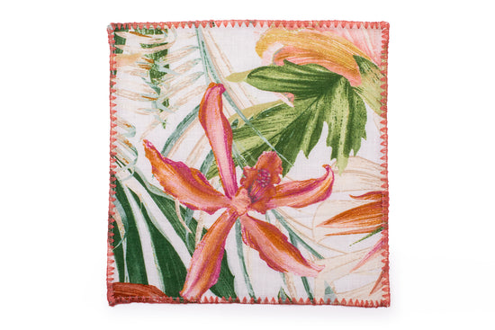 Pink floral and green leaves printed linen cocktail napkin.