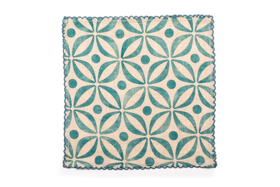 Blue printed linen cocktail napkin.