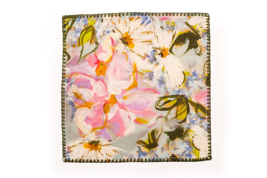 Blue linen pink floral printed cocktail napkin.