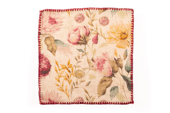 Natural linen purple printed cocktail napkin.