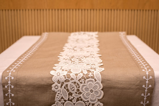 Natural linen runner with french lace and embroidery.