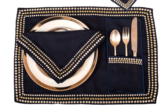 Navy blue linen silver embroidered cutlery holder.
