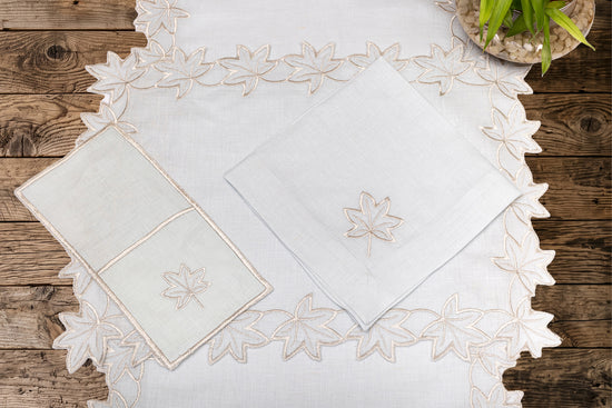 Powder blue linen silver maple leaf cutlery holder.