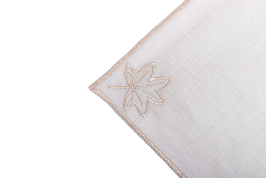 Powder blue linen silver maple leaf embroidered cocktail napkin.