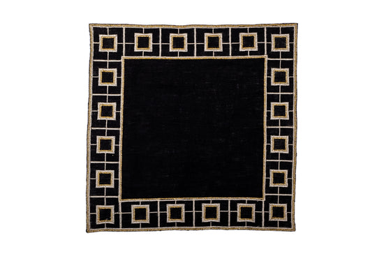 Black linen embroidered cocktail napkin.