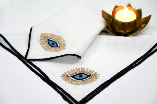 Evil eye white linen cocktail napkin