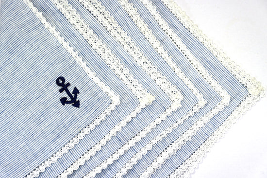 Blue and white striped linen embroidered cocktail napkins