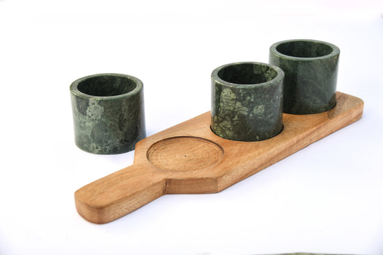 Handcrafted Wooden Platter With Marble Bowls