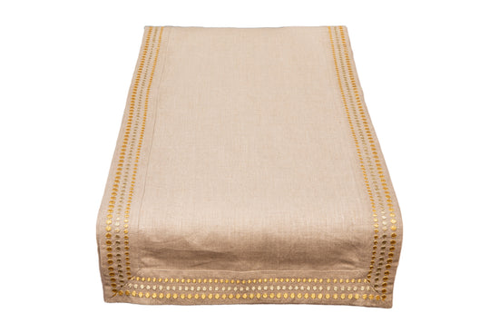 Natural linen runner with delicate gold embroidery.