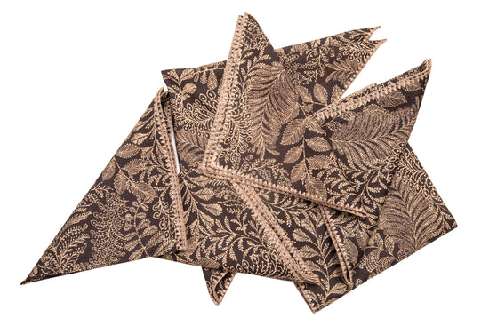 Black linen printed cocktail napkins with delicate embroidery.