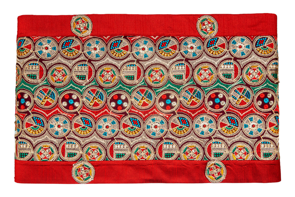 Runner with multicolor circle embroidery.