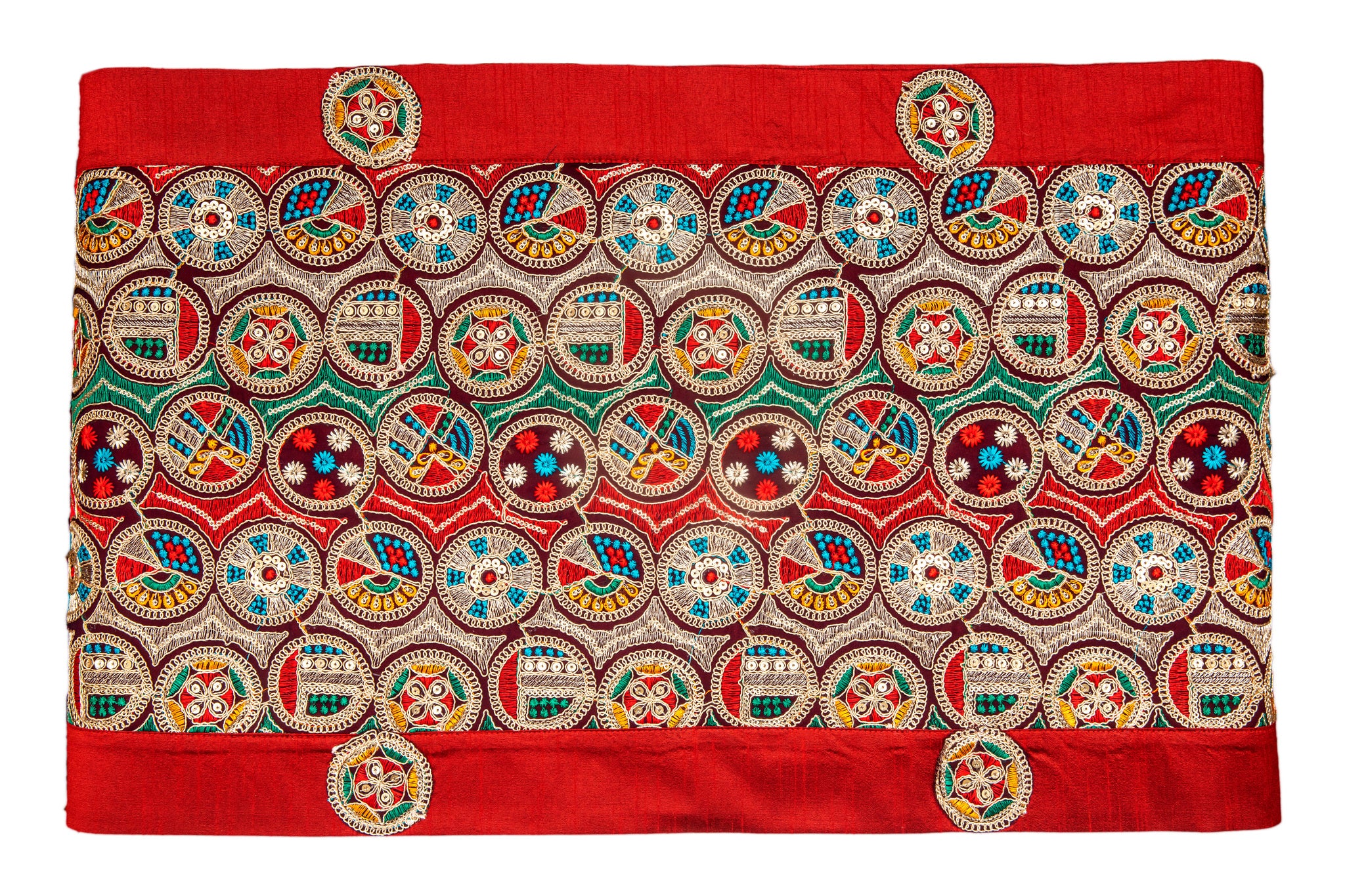 Runner with multicolor circle embroidery.