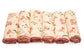 White linen floral printed cocktail napkins with delicate embroidery.