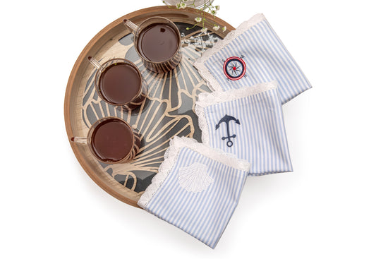 Blue and white striped linen embroidered cocktail napkins