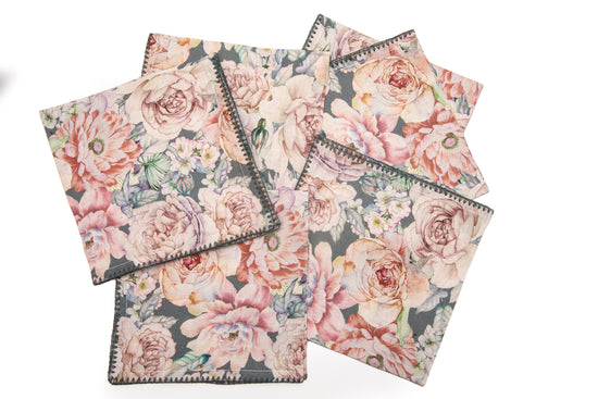 Slate green printed  linen dinner napkins with delicate embroidery.