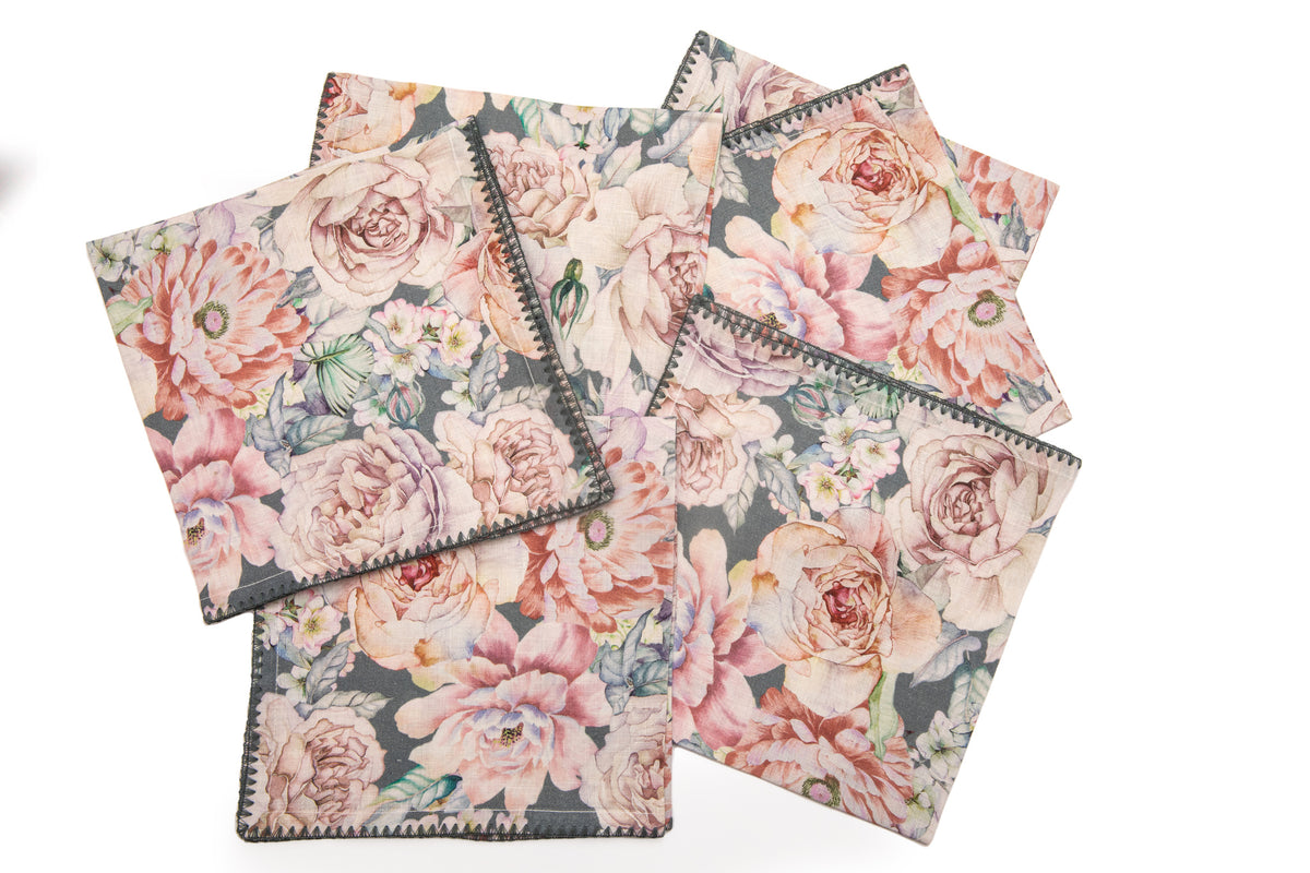 Slate grey printed linen cocktail napkins with delicate embroidery