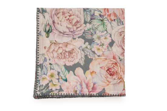 Slate green printed linen cocktail napkins with delicate embroidery