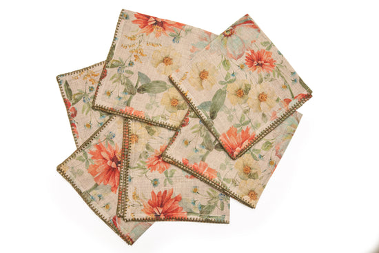 Olive floral printed linen dinner napkins with delicate embroidery.