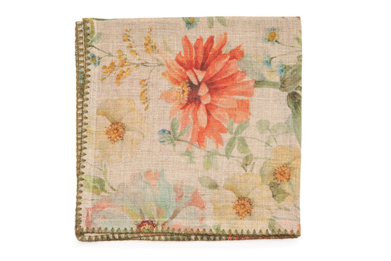 Olive floral printed linen cocktail napkins with delicate embroidery.
