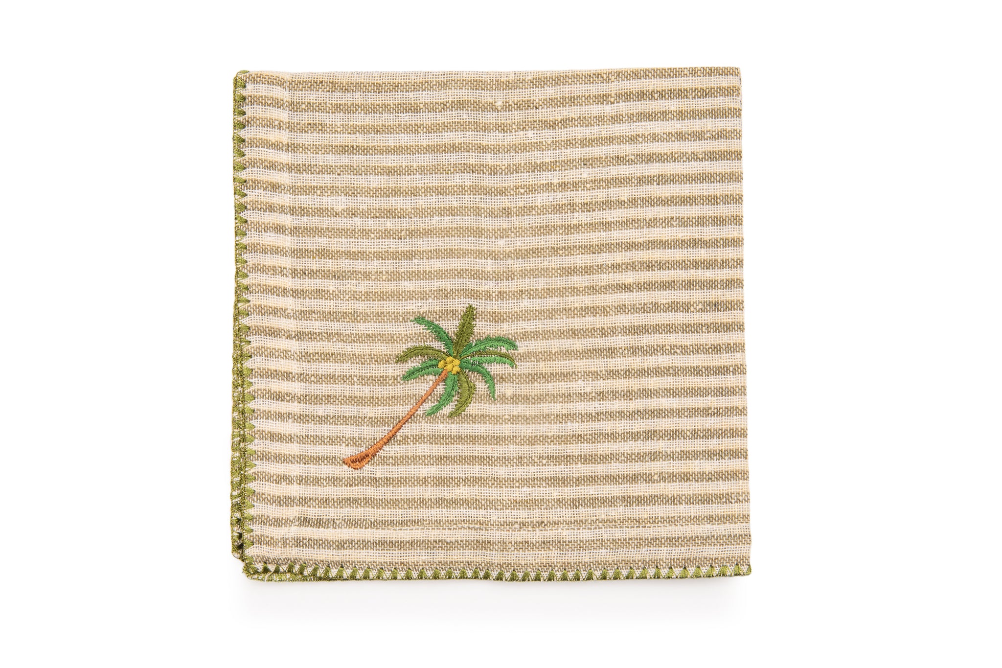 Striped linen cocktail napkins with  embroidery.