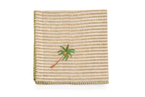 Striped linen cocktail napkins with  embroidery.