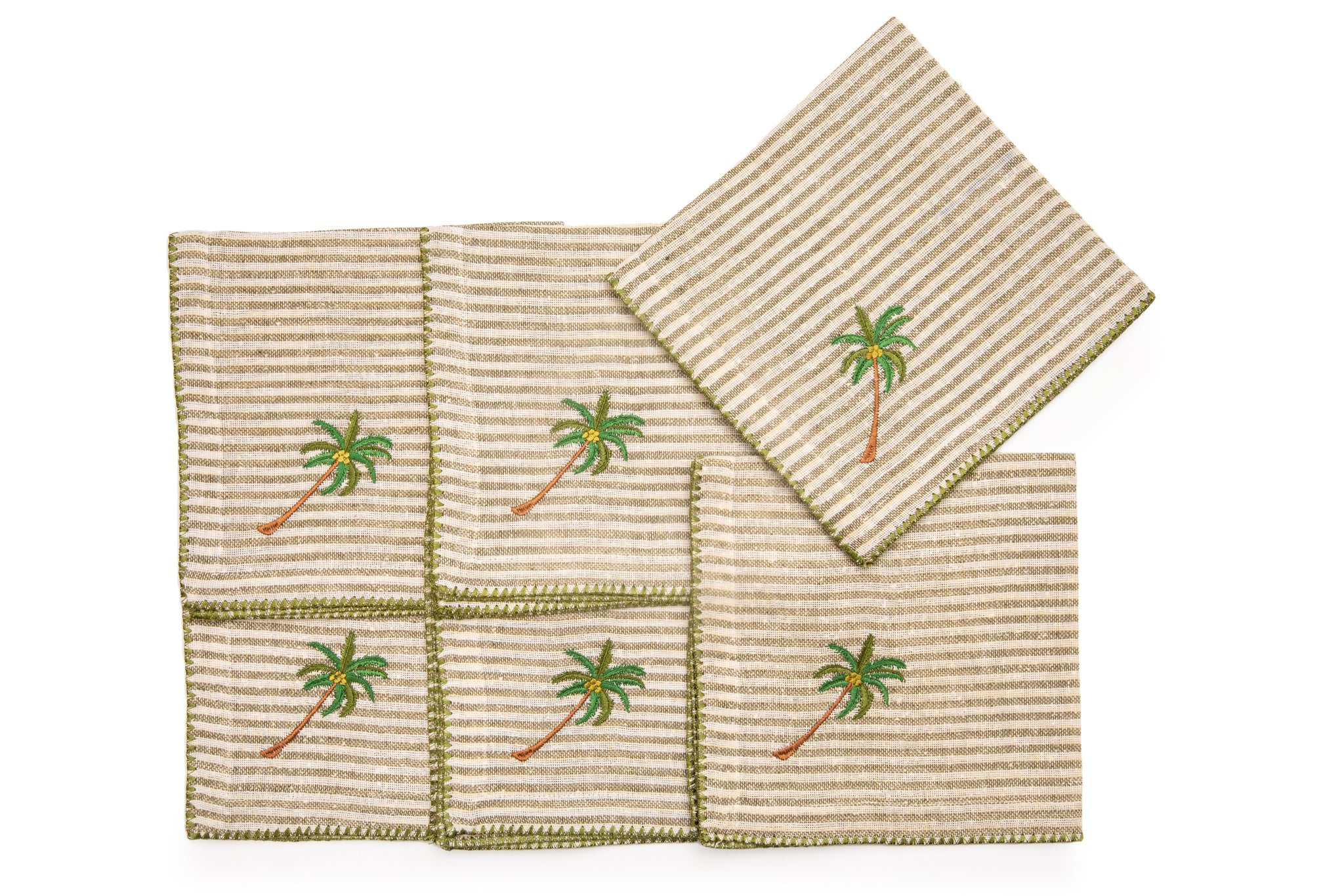 Striped linen cocktail napkins with  embroidery.