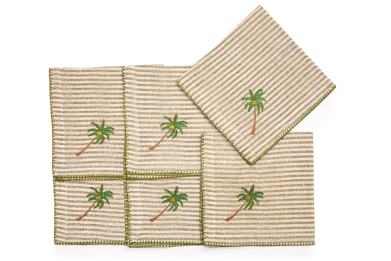 Striped linen cocktail napkins with  embroidery.