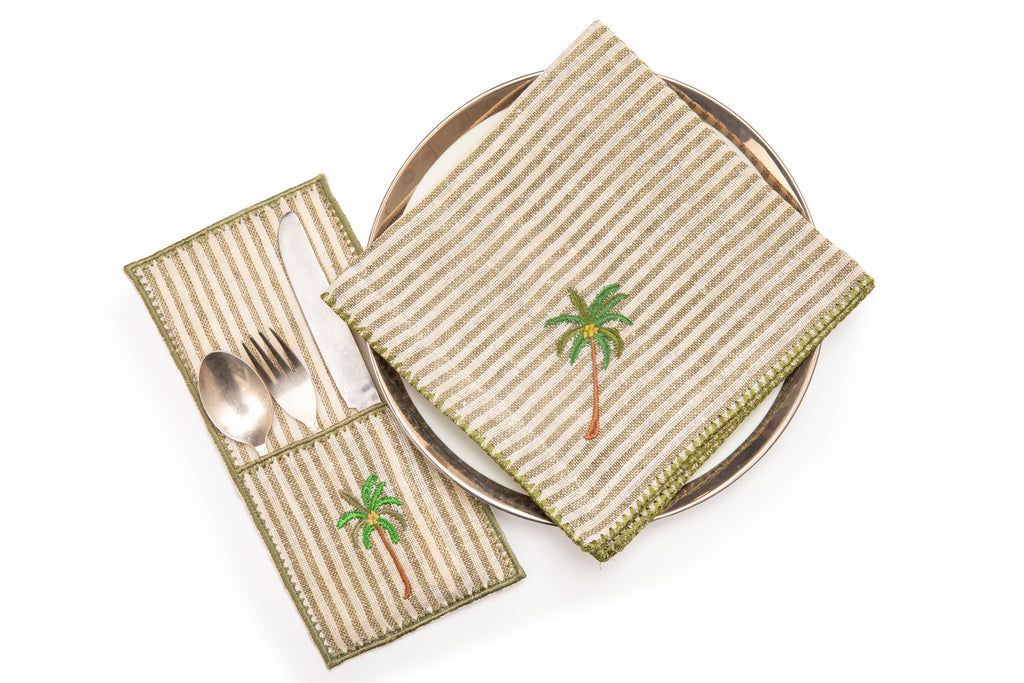 Striped linen dinner napkins with embroidery.