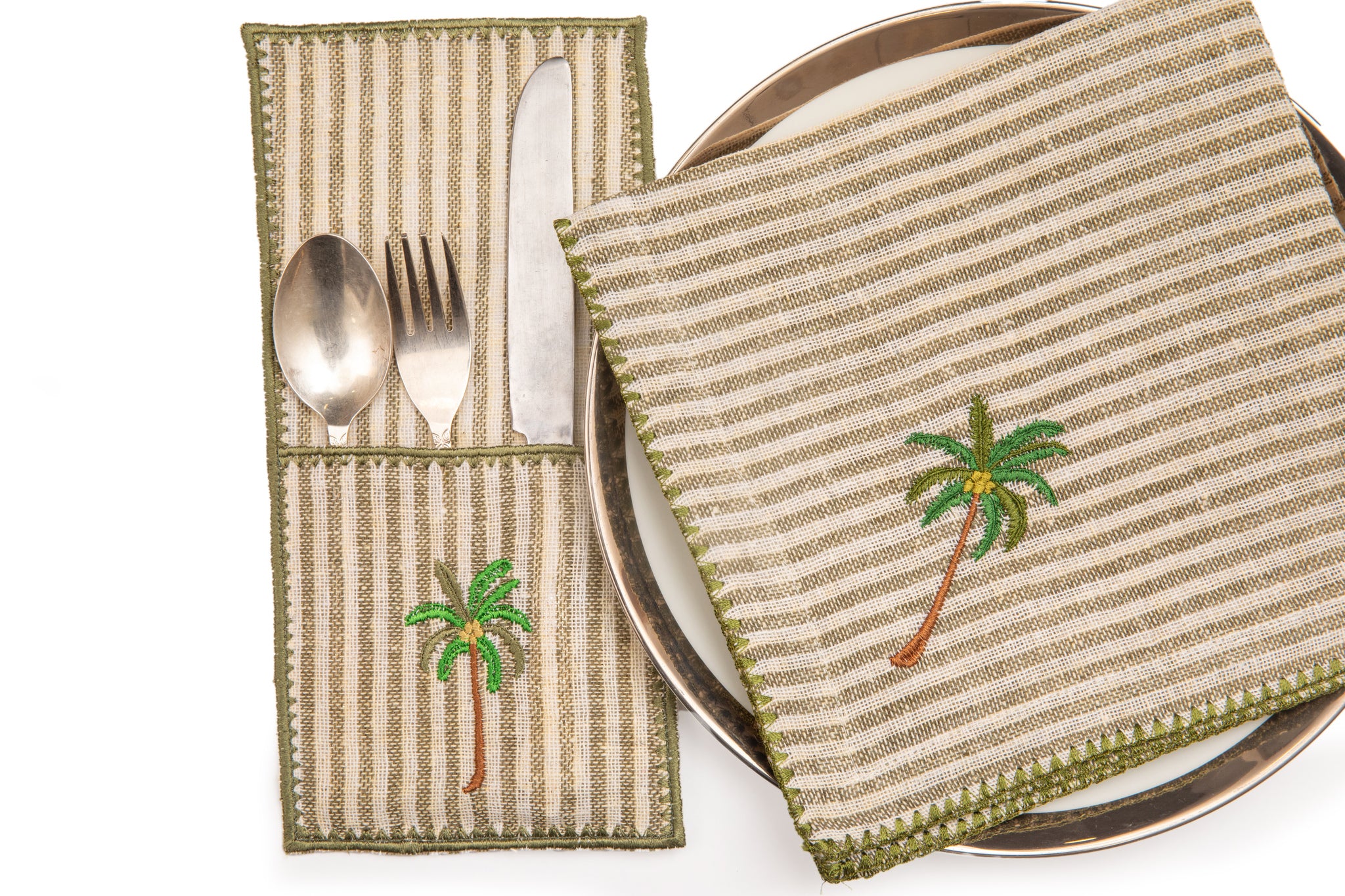 Striped linen dinner napkins with embroidery.