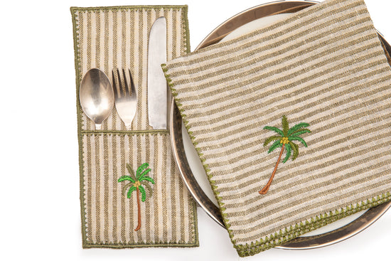 Striped linen dinner napkins with embroidery.