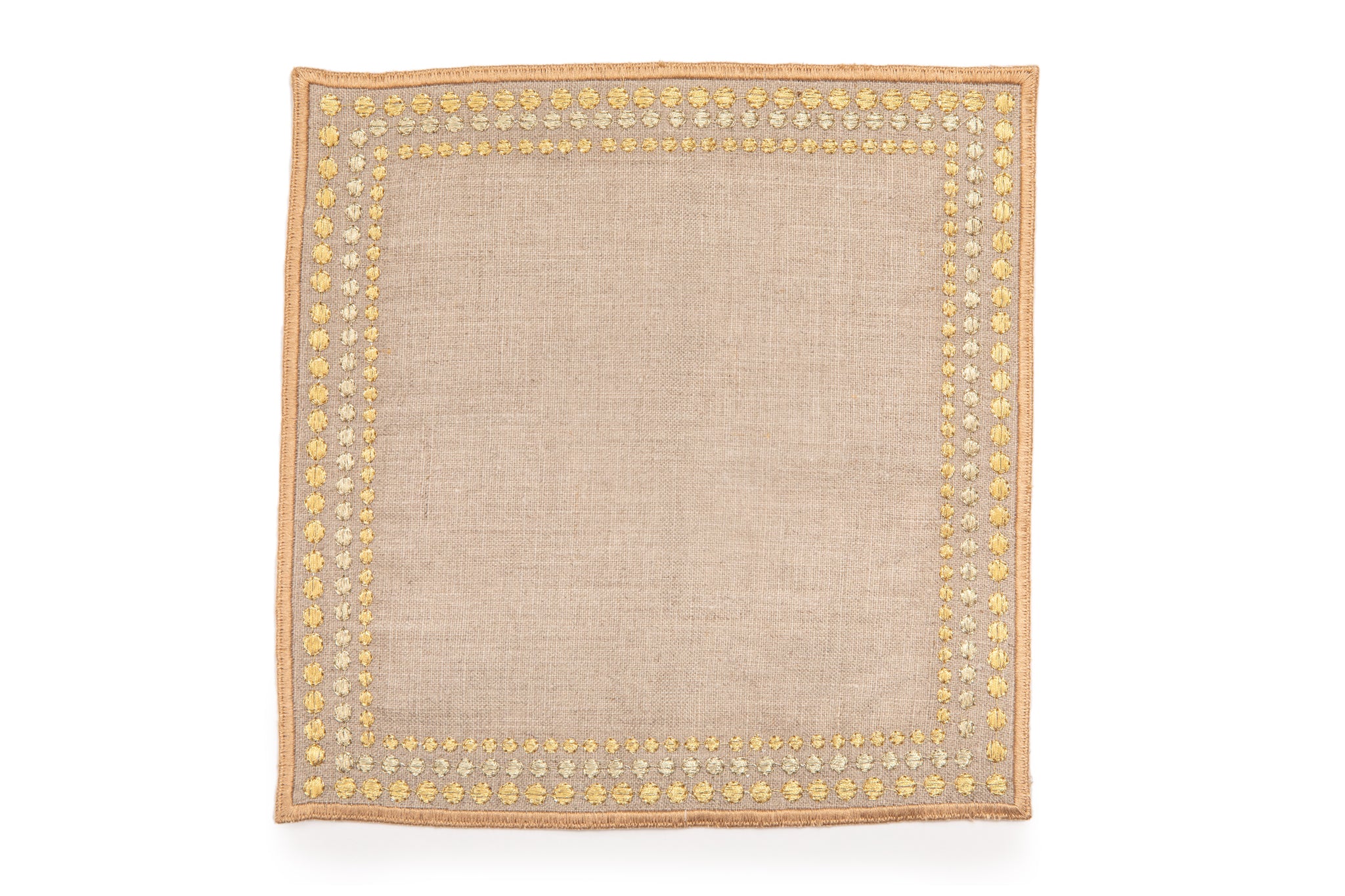 Natural linen cocktail napkins with delicate  gold embroidery.