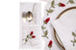 White linen cutlery holder with rosebud embroidery.