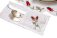 White linen cutlery holder with rosebud embroidery.