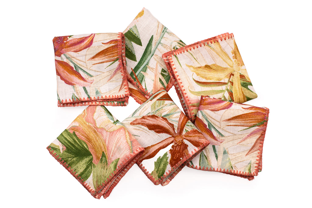 Pink floral and green leaves printed linen cocktail napkin.