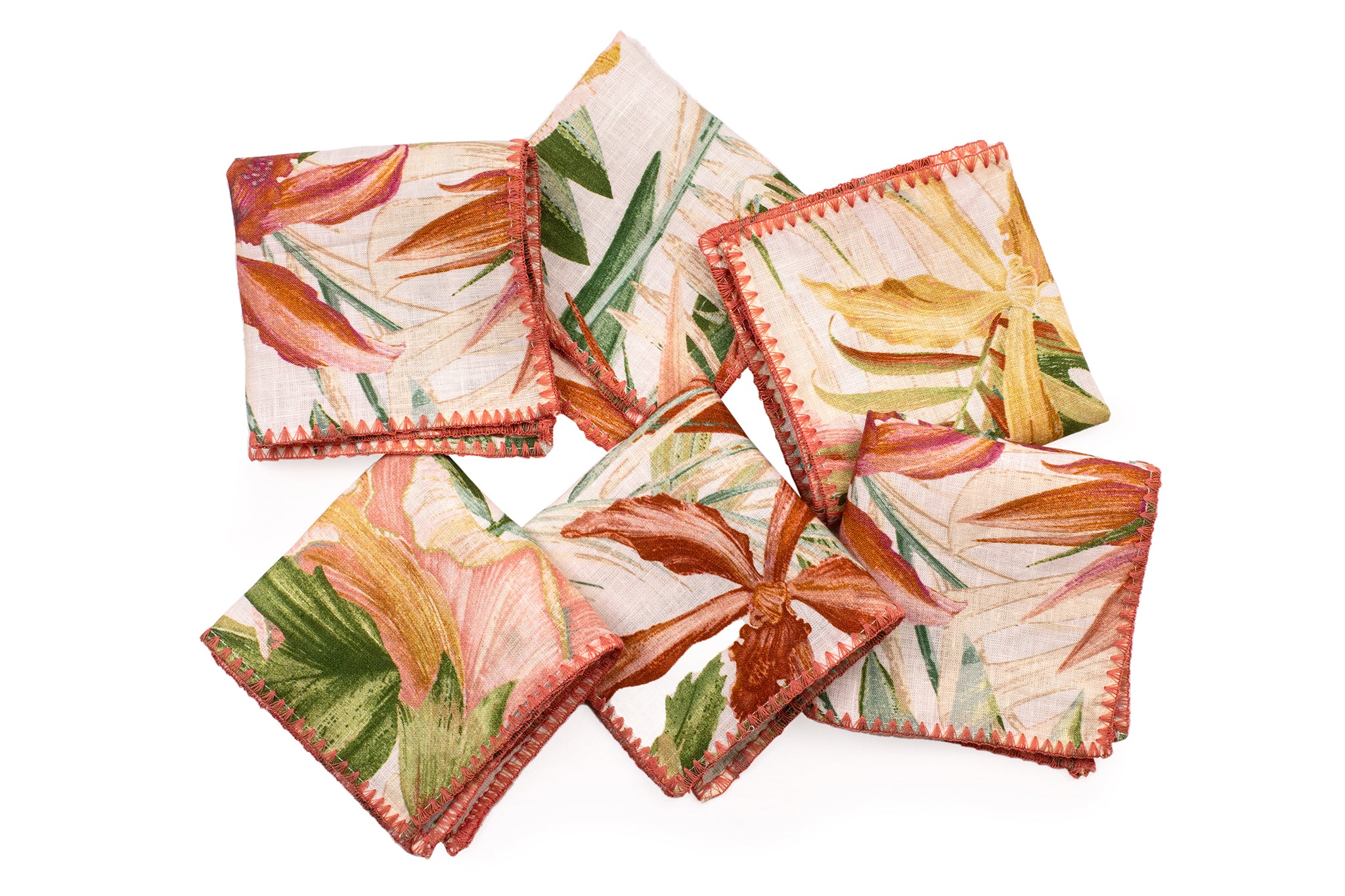 Pink floral and green leaves printed linen cocktail napkin.