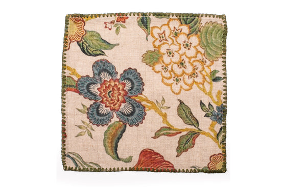 Olive green printed linen cocktail napkin.