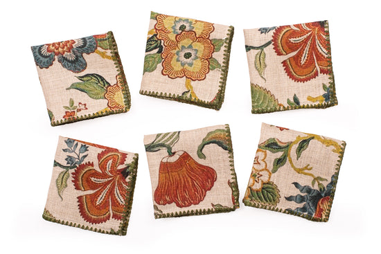 Olive green printed linen cocktail napkin.