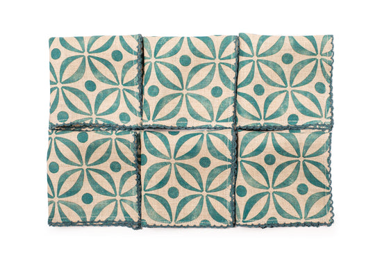 Blue printed linen cocktail napkin.