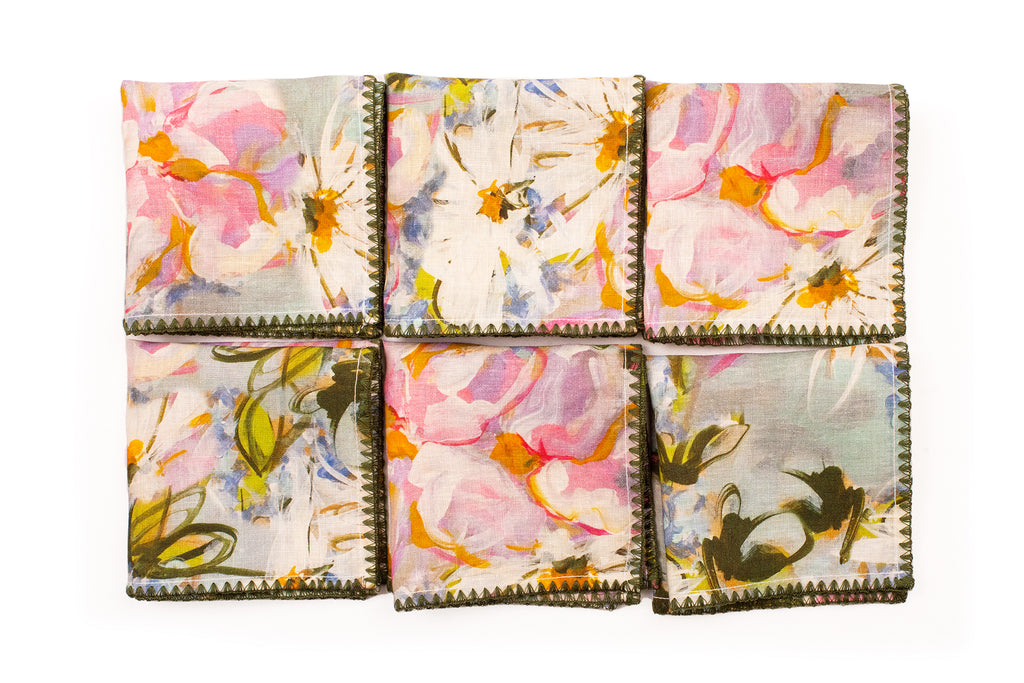 Blue and pink linen floral printed cocktail napkin.