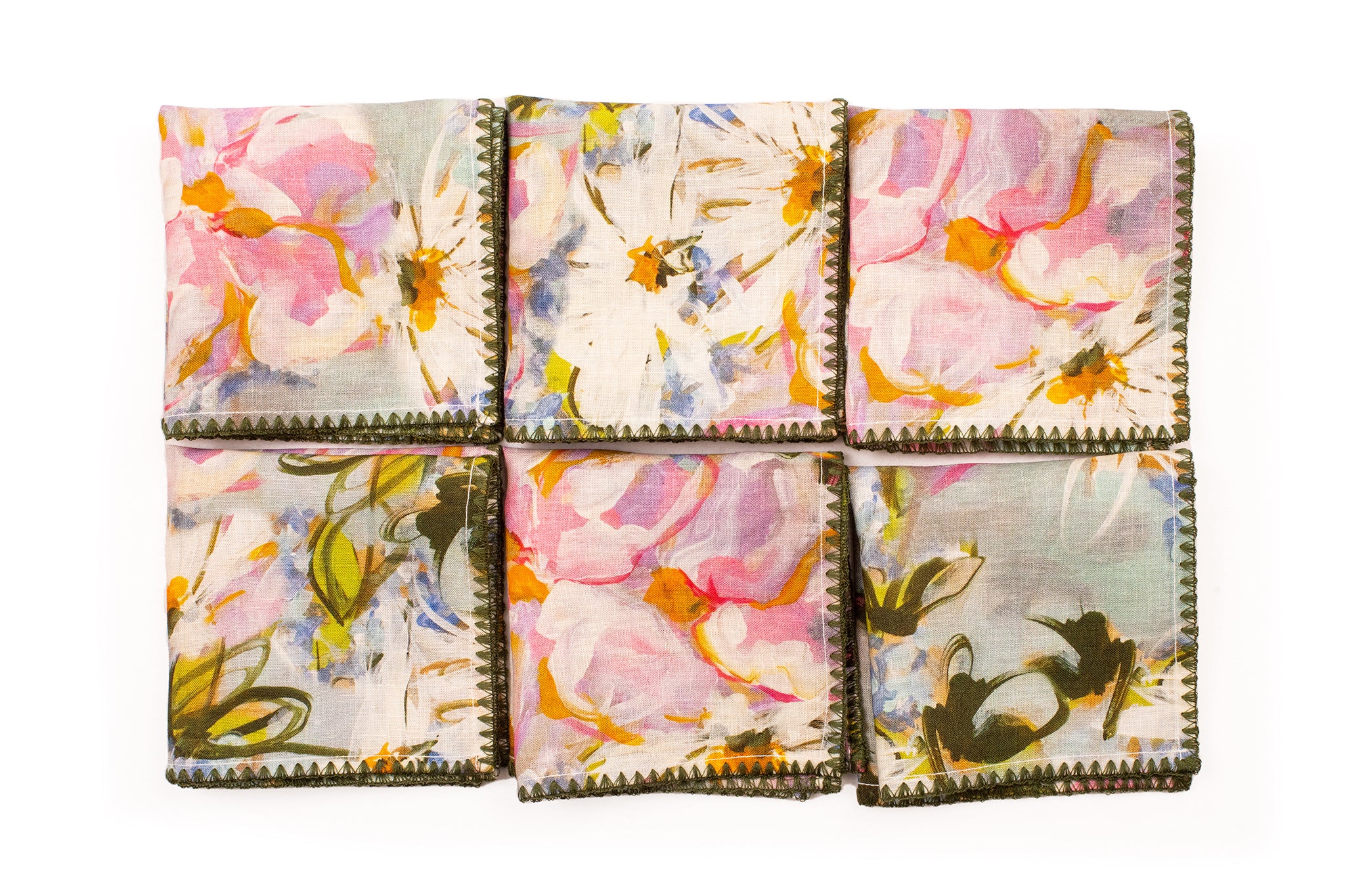 Blue and pink linen floral printed cocktail napkin.