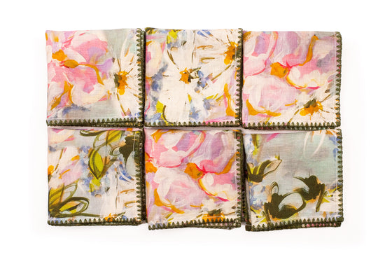 Blue linen pink floral printed cocktail napkin.