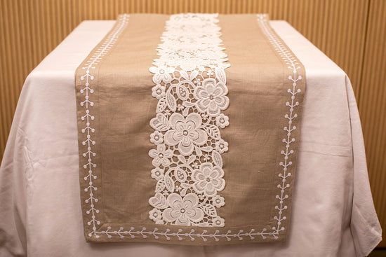 Natural linen runner with french lace and embroidery.