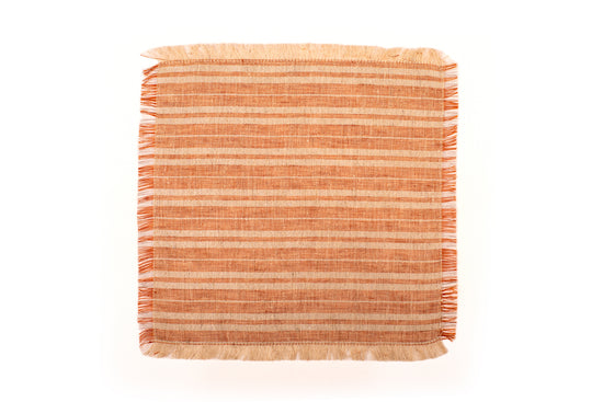 Rust and silver  striped linen frayed cocktail napkin.