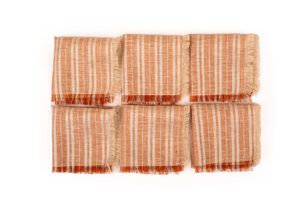 Rust and silver  striped linen frayed cocktail napkin.
