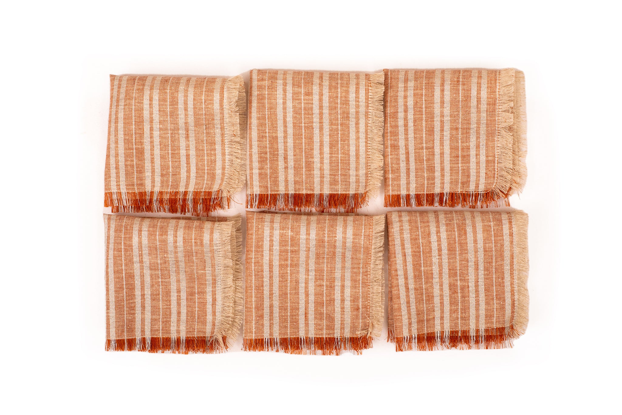 Rust and silver  striped linen frayed cocktail napkin.