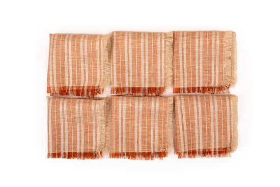 Rust and silver  striped linen frayed cocktail napkin.