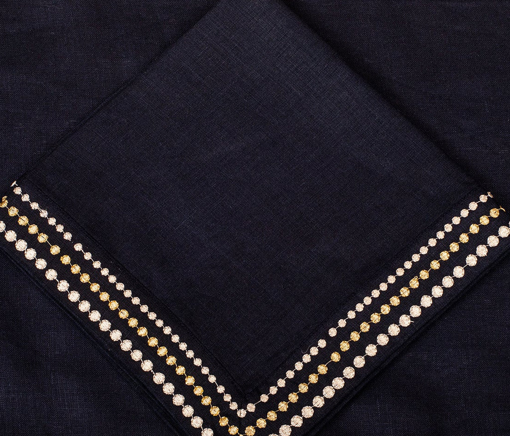 Navy blue linen silver embroidered  cocktail napkin.