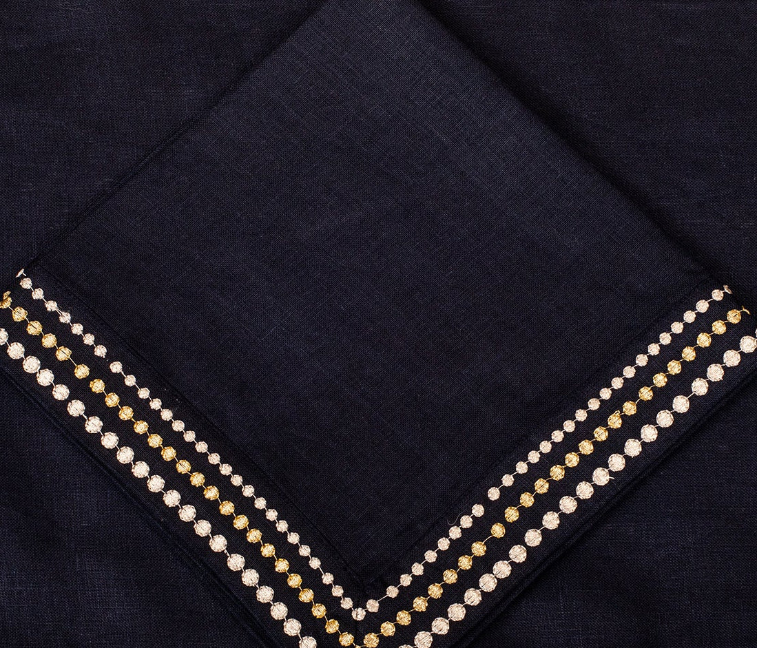 Navy blue linen silver embroidered  cocktail napkin.
