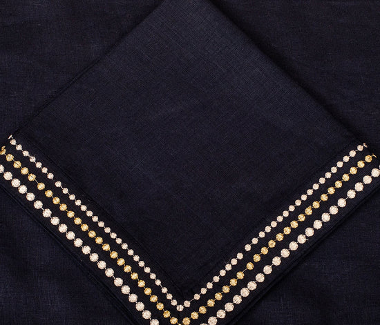 Navy blue linen silver embroidered  cocktail napkin.